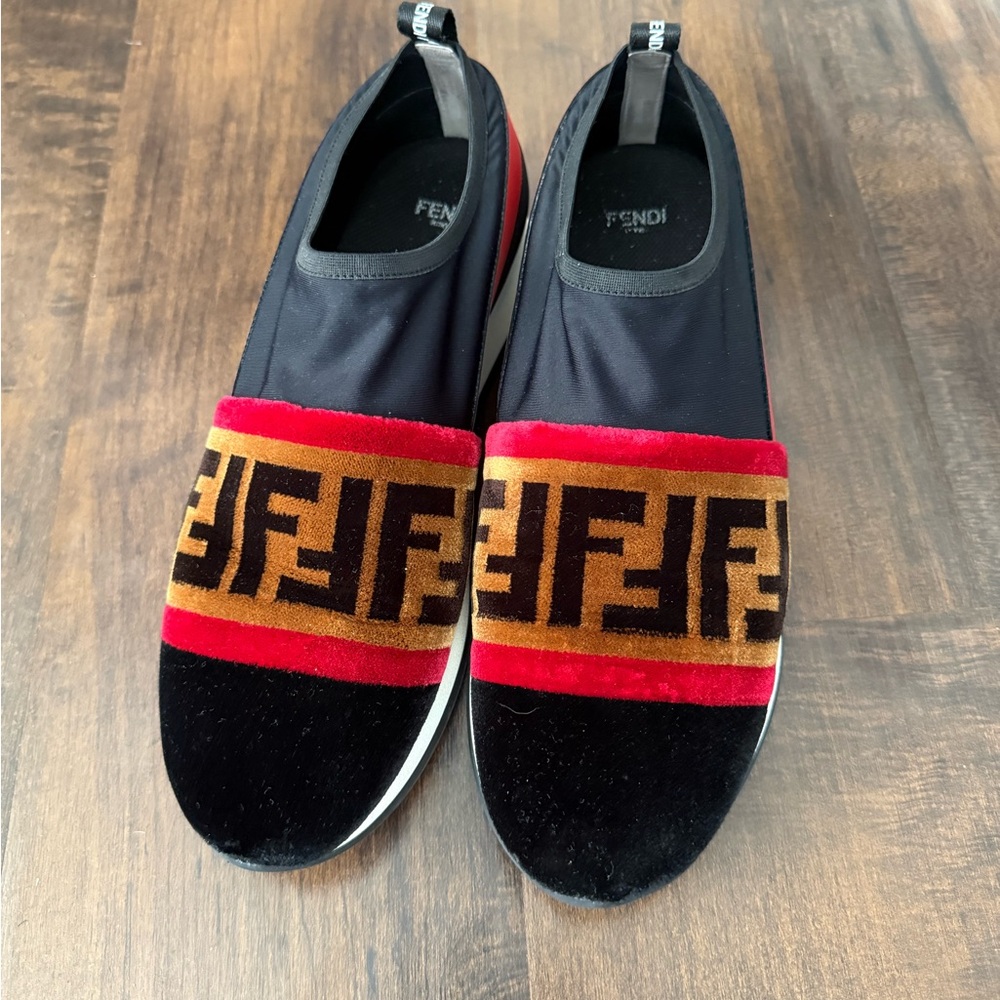 Fendi Black and Red Velvet Sneakers